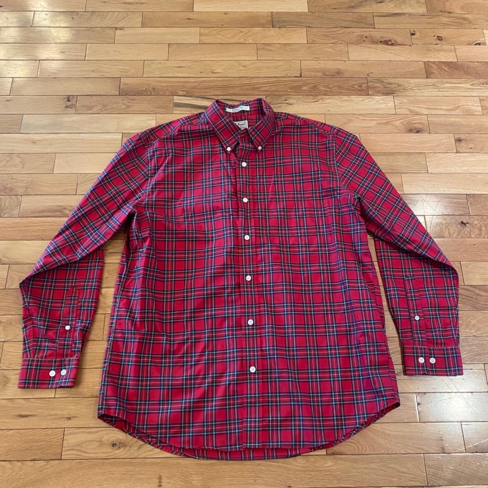 LL Bean Mens Red Tartan Plaid Wrinkle‎ Free Traditional Fit Shirt L-REG